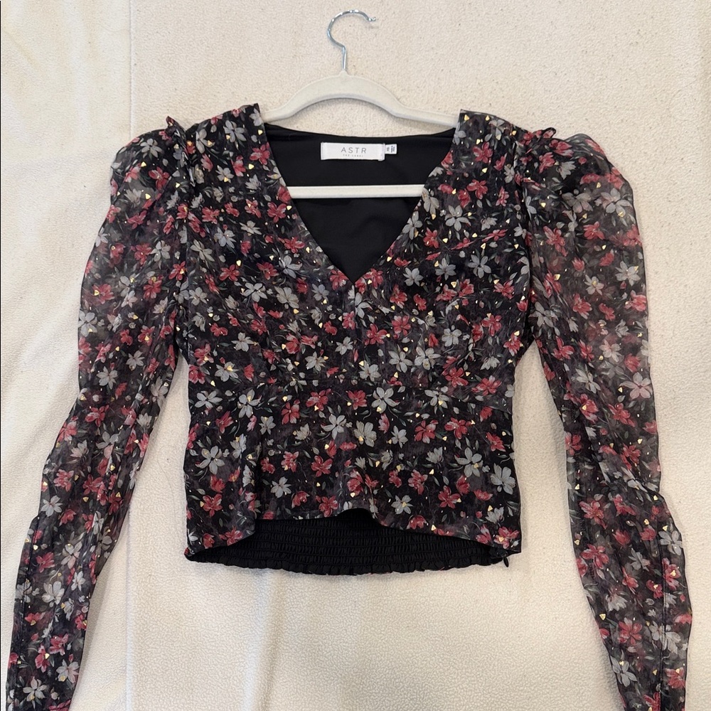 ASTR Black Floral Blouse with Red and White Accents